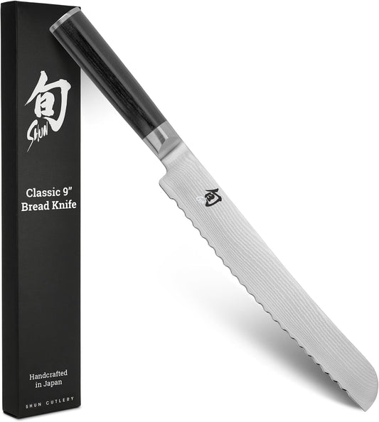 Classic 9" Bread Knife, Handcrafted Japanese Serrated Knife, VG-MAX Core with Damascus Stainless Steel Cladding, Pakkawood Handle, Slicing Tool for Professional and Home Chefs