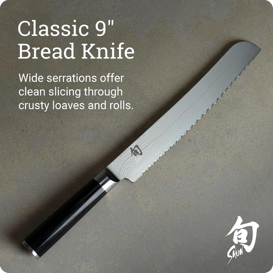 Classic 9" Bread Knife, Handcrafted Japanese Serrated Knife, VG-MAX Core with Damascus Stainless Steel Cladding, Pakkawood Handle, Slicing Tool for Professional and Home Chefs