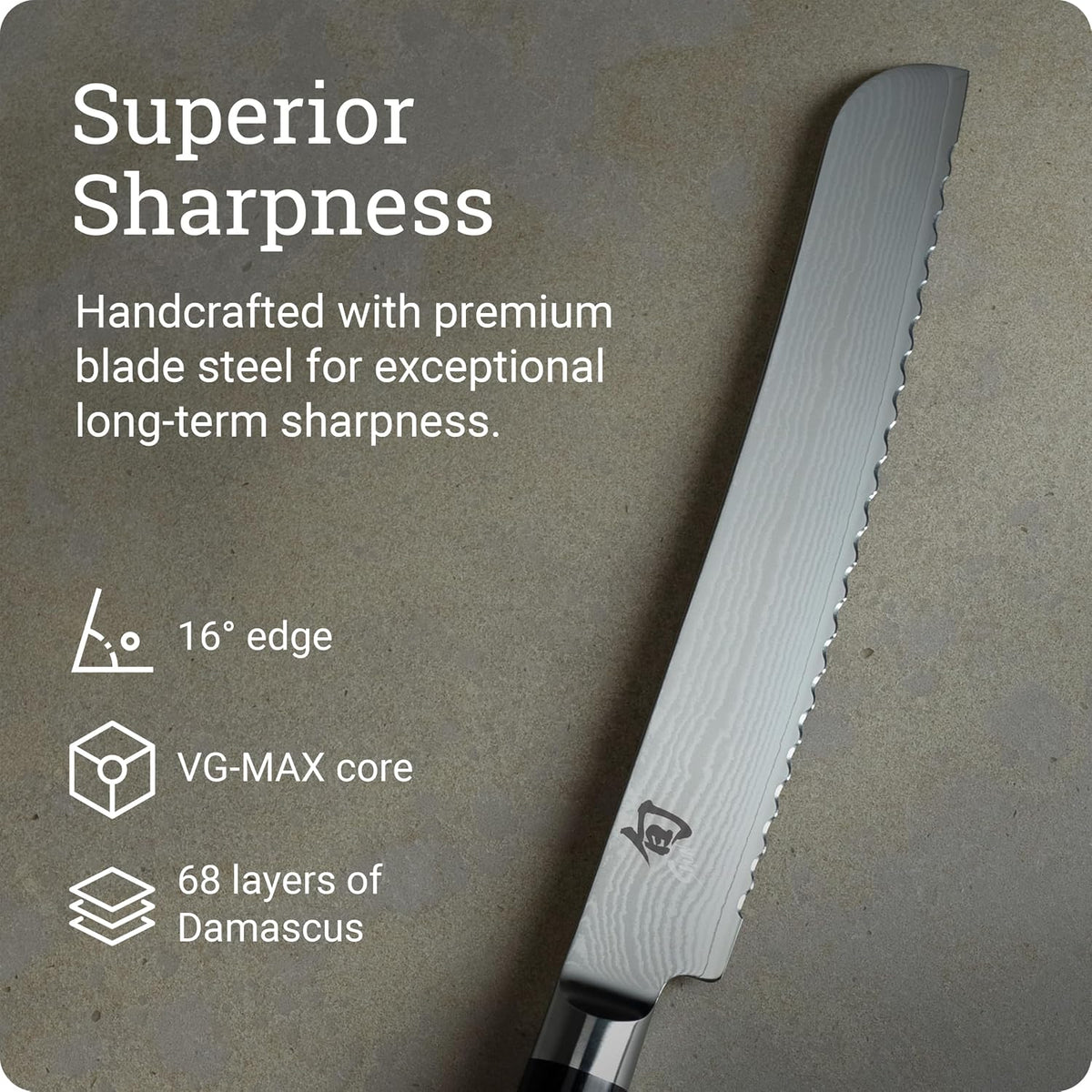 Classic 9" Bread Knife, Handcrafted Japanese Serrated Knife, VG-MAX Core with Damascus Stainless Steel Cladding, Pakkawood Handle, Slicing Tool for Professional and Home Chefs