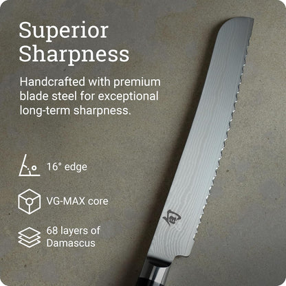 Classic 9" Bread Knife, Handcrafted Japanese Serrated Knife, VG-MAX Core with Damascus Stainless Steel Cladding, Pakkawood Handle, Slicing Tool for Professional and Home Chefs
