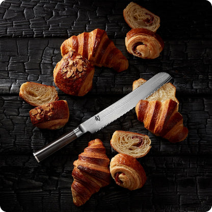 Classic 9" Bread Knife, Handcrafted Japanese Serrated Knife, VG-MAX Core with Damascus Stainless Steel Cladding, Pakkawood Handle, Slicing Tool for Professional and Home Chefs