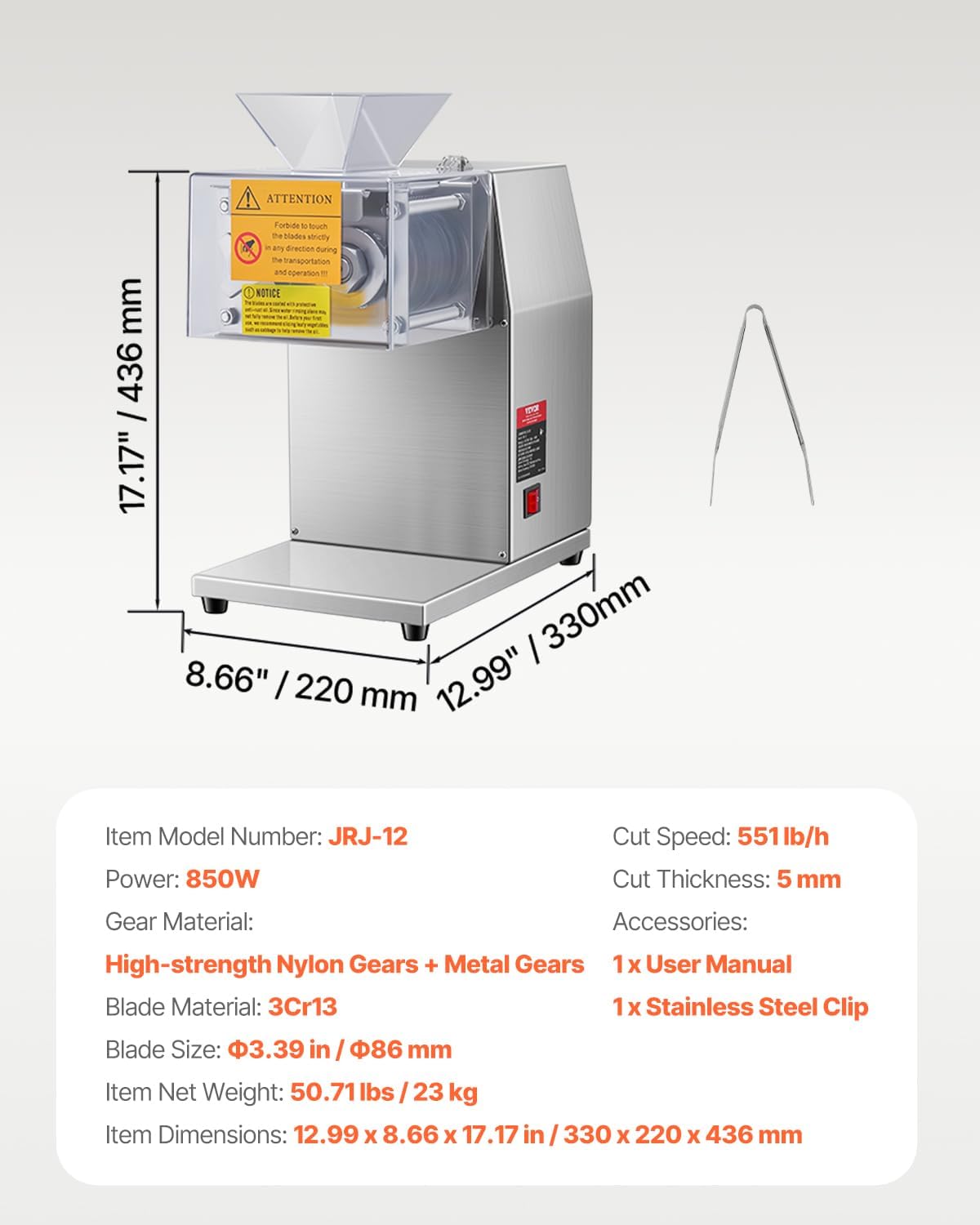 850W Meat Slicer, Commercial Meat Cutting Machine, Stainless Steel, 5 mm Thickness, Detachable Blades, Electric Food Slicer for Home Kitchen Restaurant Supermarket