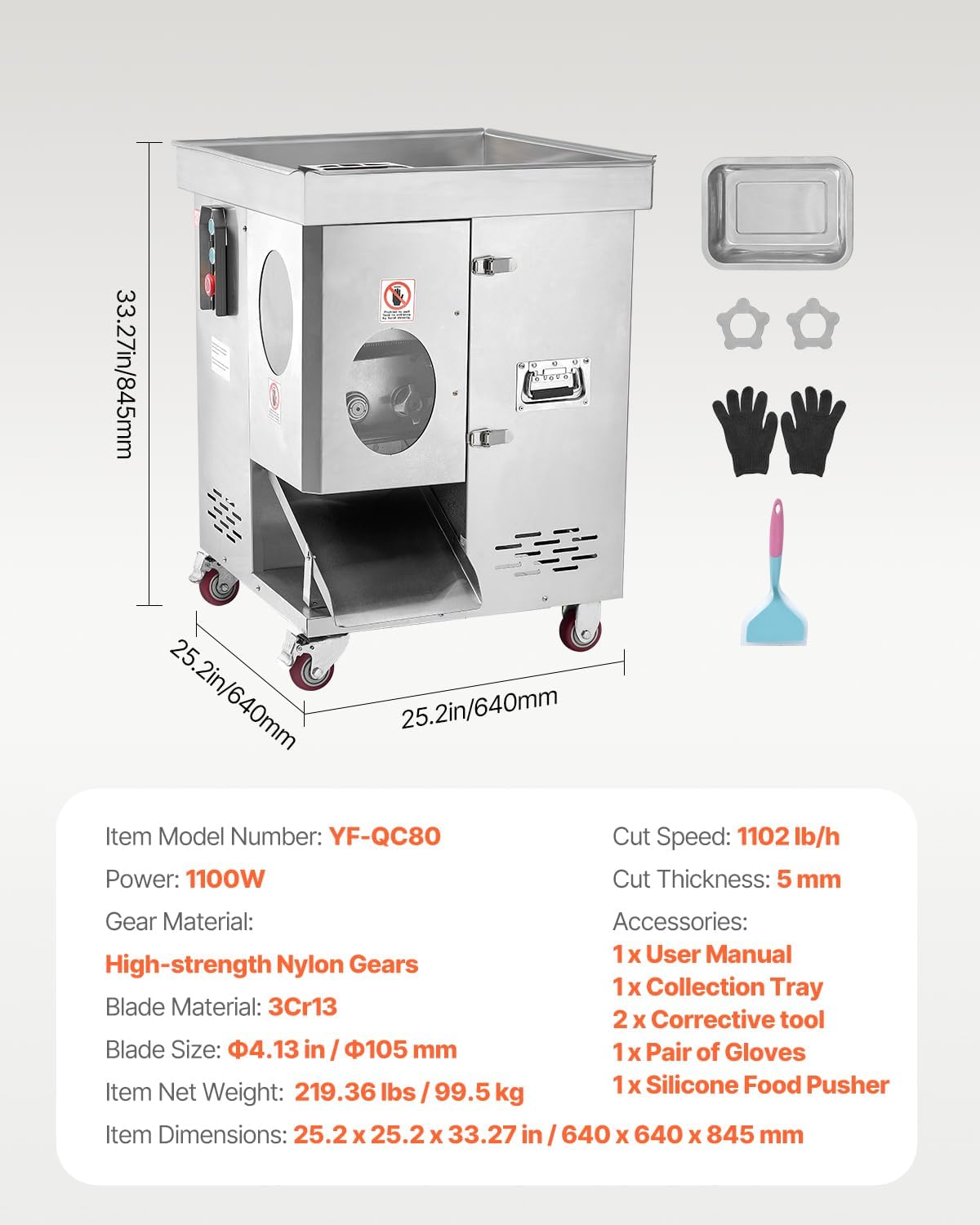 850W Meat Slicer, Commercial Meat Cutting Machine, Stainless Steel, 5 mm Thickness, Detachable Blades, Electric Food Slicer for Home Kitchen Restaurant Supermarket