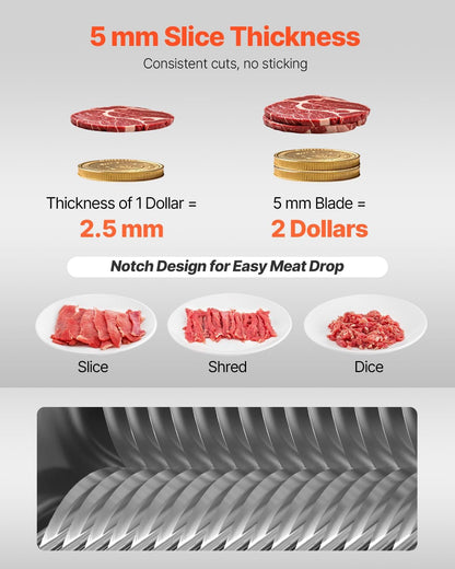 850W Meat Slicer, Commercial Meat Cutting Machine, Stainless Steel, 5 mm Thickness, Detachable Blades, Electric Food Slicer for Home Kitchen Restaurant Supermarket
