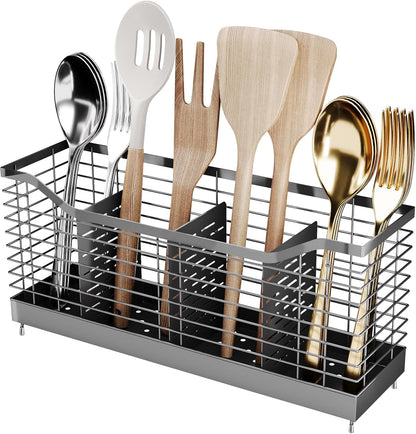 Extra Large Kitchen Utensil Holder Exquisite And Durable Kitchen Utensil Organizer，Knife Fork Spatula Utensils Drainage Rack Basket Accessories With Hooks, Rust Proof，Non-Slip Feet（4compartments）