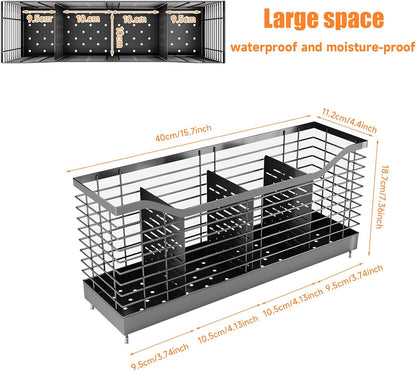 Extra Large Kitchen Utensil Holder Exquisite And Durable Kitchen Utensil Organizer，Knife Fork Spatula Utensils Drainage Rack Basket Accessories With Hooks, Rust Proof，Non-Slip Feet（4compartments）