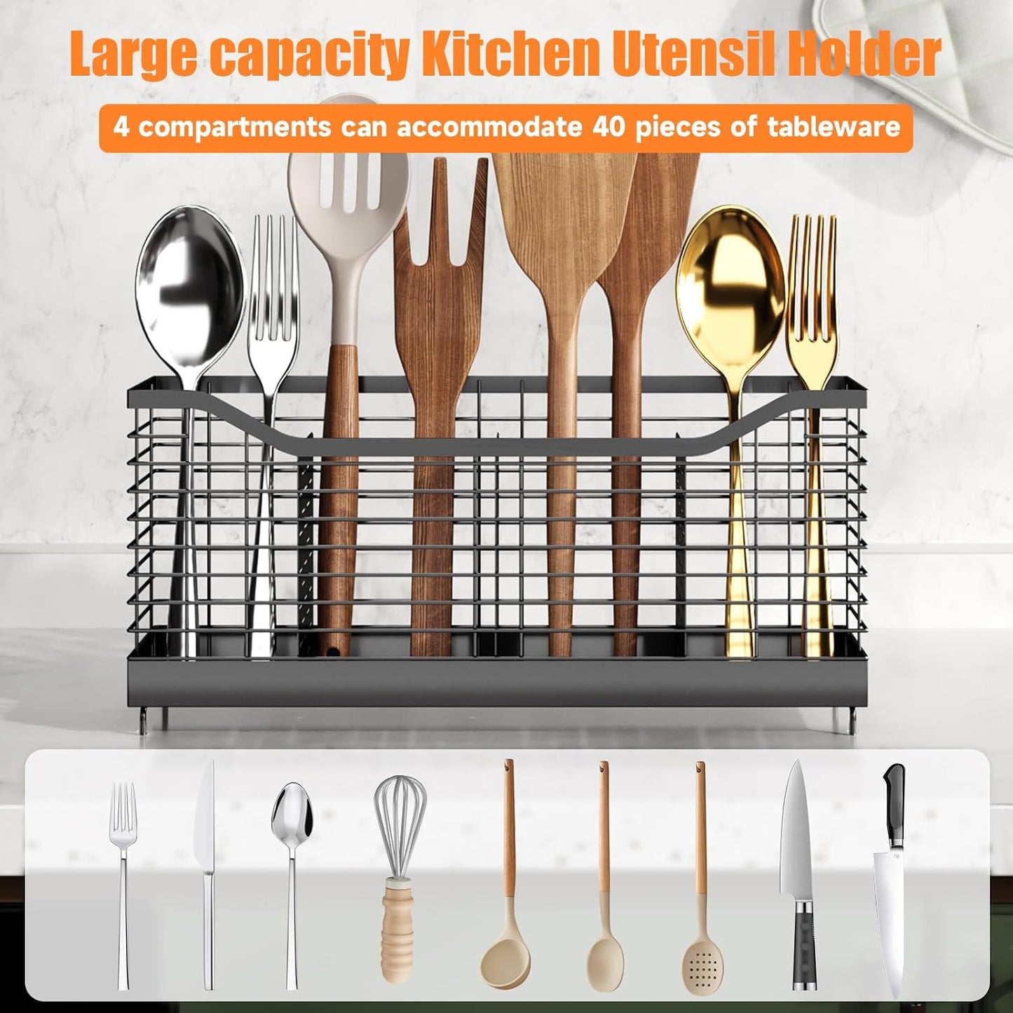 Extra Large Kitchen Utensil Holder Exquisite And Durable Kitchen Utensil Organizer，Knife Fork Spatula Utensils Drainage Rack Basket Accessories With Hooks, Rust Proof，Non-Slip Feet（4compartments）