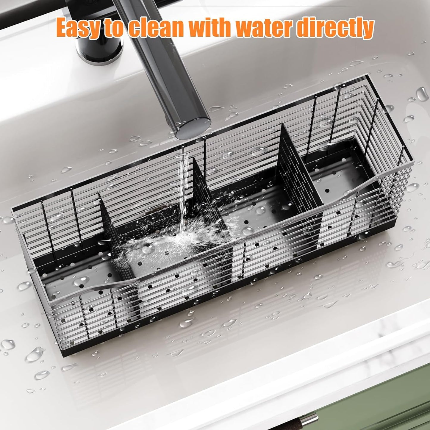 Extra Large Kitchen Utensil Holder Exquisite And Durable Kitchen Utensil Organizer，Knife Fork Spatula Utensils Drainage Rack Basket Accessories With Hooks, Rust Proof，Non-Slip Feet（4compartments）