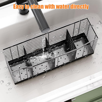 Extra Large Kitchen Utensil Holder Exquisite And Durable Kitchen Utensil Organizer，Knife Fork Spatula Utensils Drainage Rack Basket Accessories With Hooks, Rust Proof，Non-Slip Feet（4compartments）