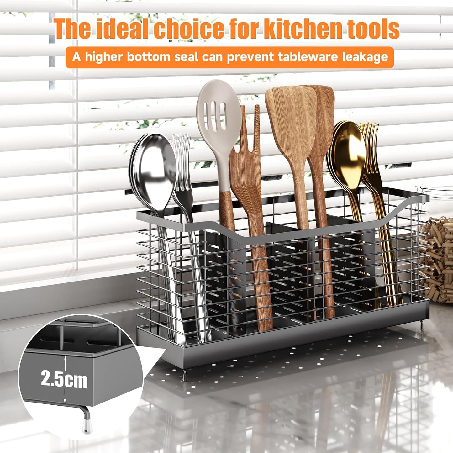 Extra Large Kitchen Utensil Holder Exquisite And Durable Kitchen Utensil Organizer，Knife Fork Spatula Utensils Drainage Rack Basket Accessories With Hooks, Rust Proof，Non-Slip Feet（4compartments）