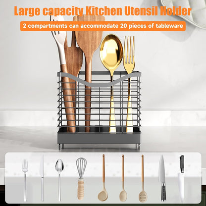 Extra Large Kitchen Utensil Holder Exquisite And Durable Kitchen Utensil Organizer，Knife Fork Spatula Utensils Drainage Rack Basket Accessories With Hooks, Rust Proof，Non-Slip Feet（4compartments）