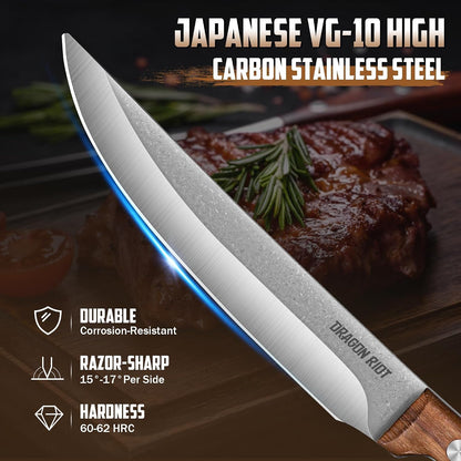 Steak Knives Set of 8, Ultra Sharp Steak Knife Set Japanese VG-10 Stainless Steel Non Serrated Steak Knives Full Tang Wood Handle with Gift Box