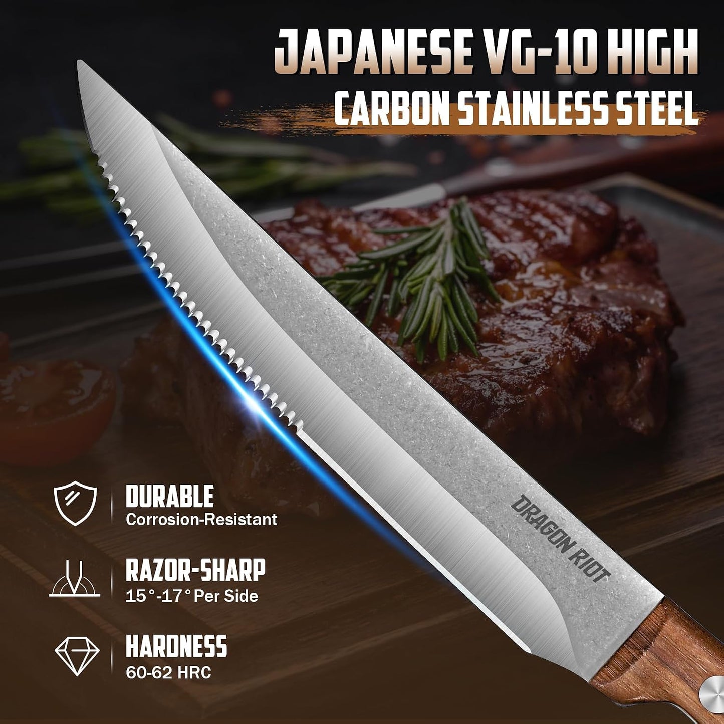 Steak Knives Set of 8, Ultra Sharp Steak Knife Set Japanese VG-10 Stainless Steel Non Serrated Steak Knives Full Tang Wood Handle with Gift Box