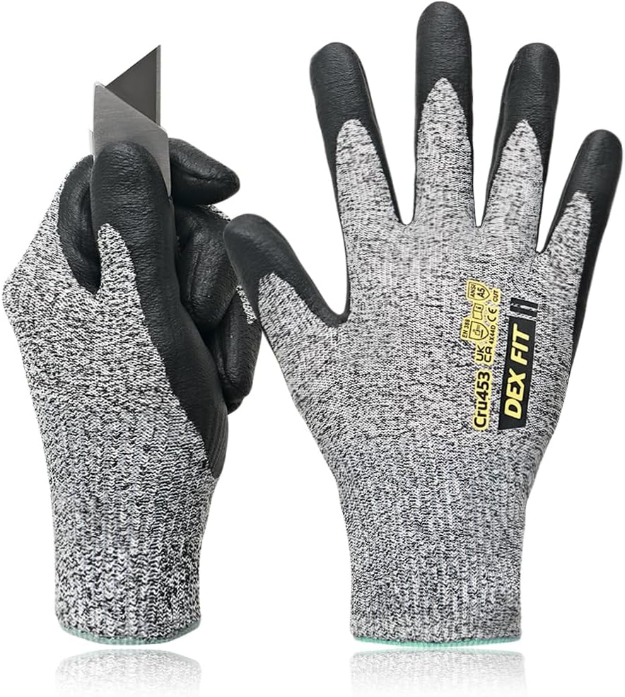 Cut Resistant Gloves Cru453 - ANSI A5, 3D Comfort Fit, Power Grip, Thin & Breathable, Touchscreen - Mechanic, Warehouse, Package Handler Gloves for Men & Women; Gray, S (7), 1 Pair