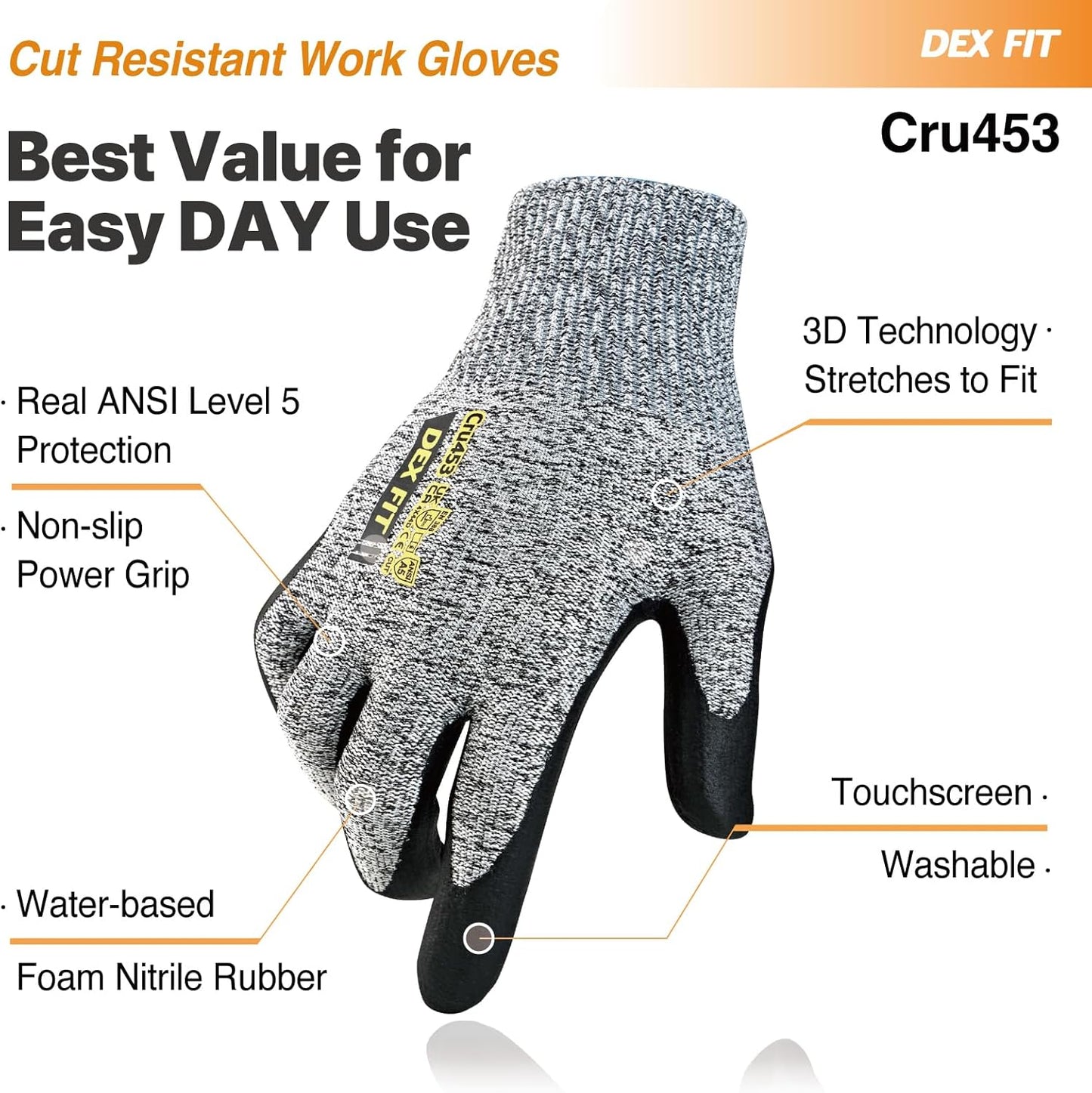 Cut Resistant Gloves Cru453 - ANSI A5, 3D Comfort Fit, Power Grip, Thin & Breathable, Touchscreen - Mechanic, Warehouse, Package Handler Gloves for Men & Women; Gray, S (7), 1 Pair