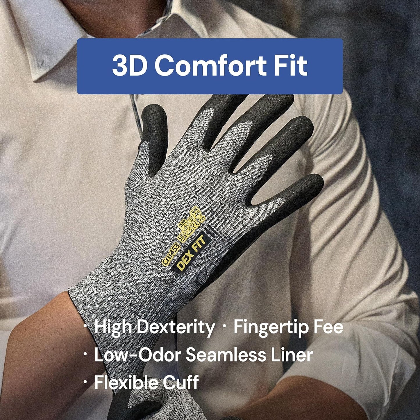Cut Resistant Gloves Cru453 - ANSI A5, 3D Comfort Fit, Power Grip, Thin & Breathable, Touchscreen - Mechanic, Warehouse, Package Handler Gloves for Men & Women; Gray, S (7), 1 Pair