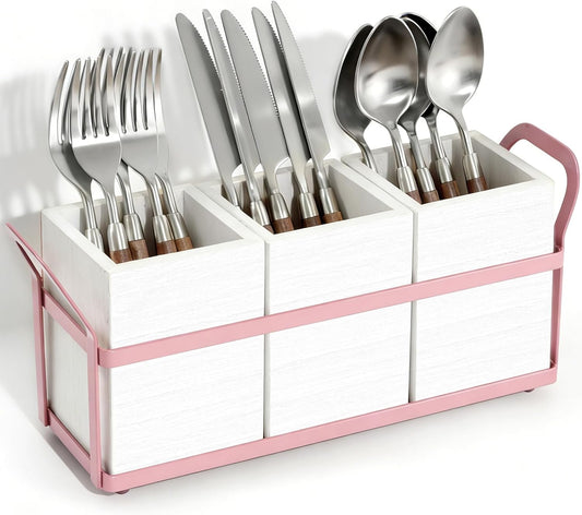 Kitchen Utensil Holder for Countertop, 3 Compartments Wooden Utensils Organizer for Cooking Utensils, Silverware, Spatula, Fork, Knife, Cutlery Storage for Kitchen Counter-White