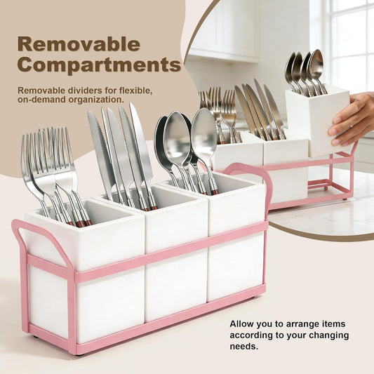 Kitchen Utensil Holder for Countertop, 3 Compartments Wooden Utensils Organizer for Cooking Utensils, Silverware, Spatula, Fork, Knife, Cutlery Storage for Kitchen Counter-White