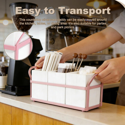Kitchen Utensil Holder for Countertop, 3 Compartments Wooden Utensils Organizer for Cooking Utensils, Silverware, Spatula, Fork, Knife, Cutlery Storage for Kitchen Counter-White