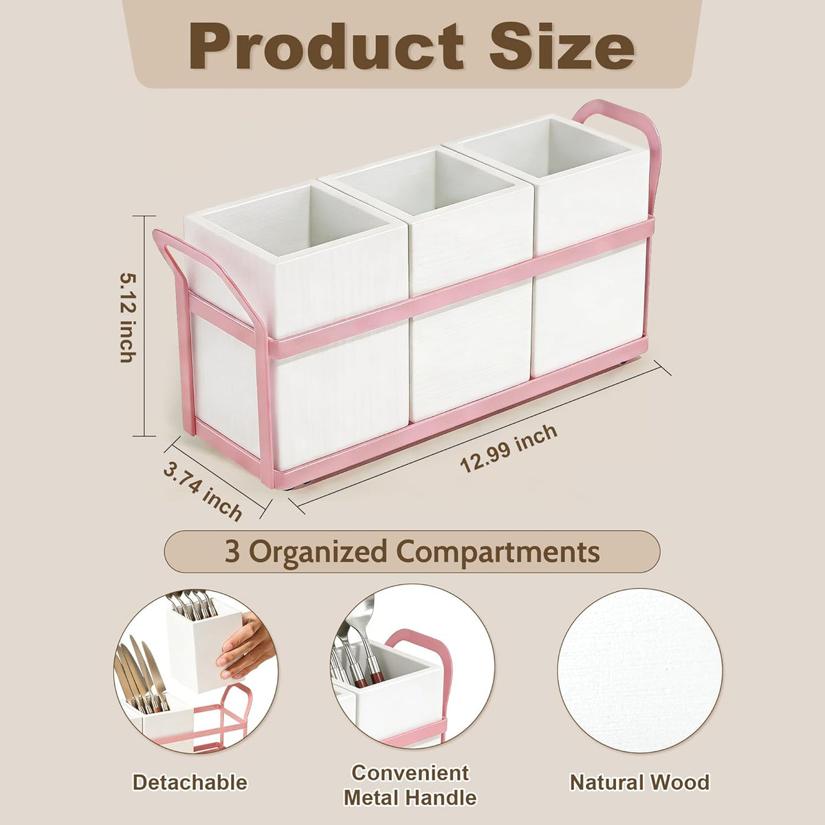 Kitchen Utensil Holder for Countertop, 3 Compartments Wooden Utensils Organizer for Cooking Utensils, Silverware, Spatula, Fork, Knife, Cutlery Storage for Kitchen Counter-White