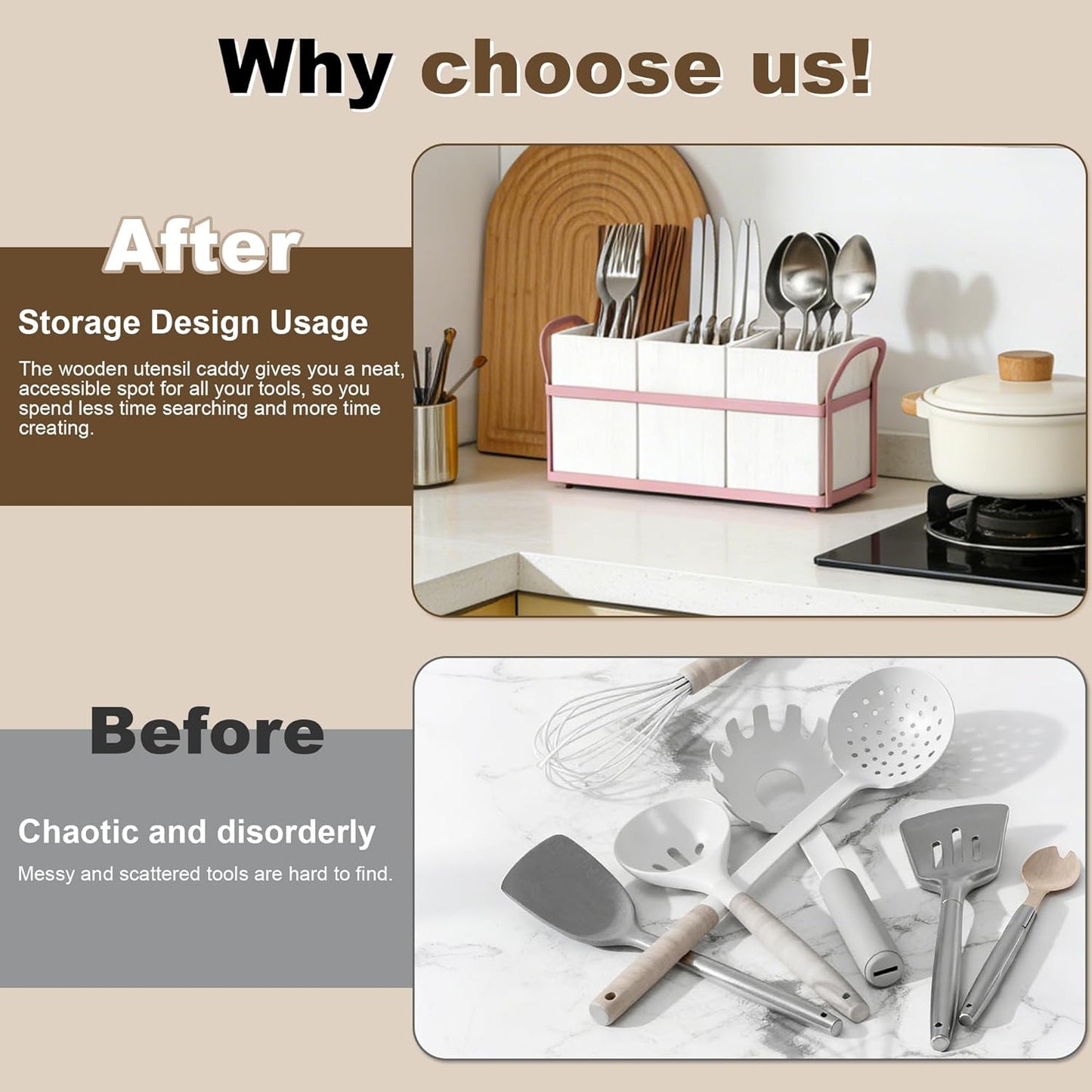 Kitchen Utensil Holder for Countertop, 3 Compartments Wooden Utensils Organizer for Cooking Utensils, Silverware, Spatula, Fork, Knife, Cutlery Storage for Kitchen Counter-White
