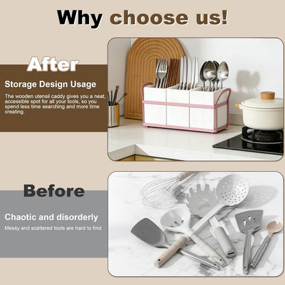 Kitchen Utensil Holder for Countertop, 3 Compartments Wooden Utensils Organizer for Cooking Utensils, Silverware, Spatula, Fork, Knife, Cutlery Storage for Kitchen Counter-White