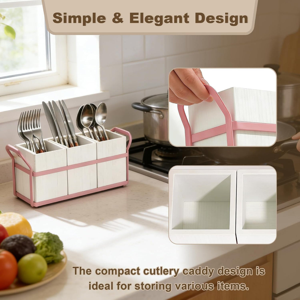 Kitchen Utensil Holder for Countertop, 3 Compartments Wooden Utensils Organizer for Cooking Utensils, Silverware, Spatula, Fork, Knife, Cutlery Storage for Kitchen Counter-White
