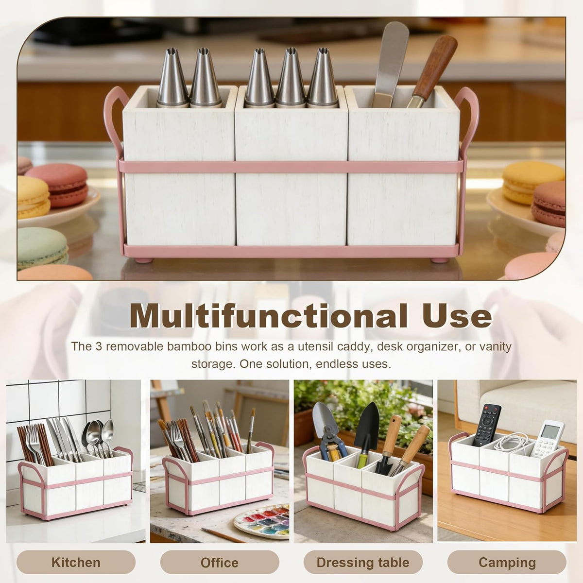 Kitchen Utensil Holder for Countertop, 3 Compartments Wooden Utensils Organizer for Cooking Utensils, Silverware, Spatula, Fork, Knife, Cutlery Storage for Kitchen Counter-White
