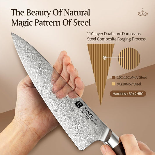 8.3 Inch,110 Layers Damascus Steel Chef Knife Cleaver, Professional Hand Forged Kitchen Cooking Knife,Full Tang,Sharp Slicing Knife Gyuto Knife-North America Desert lron Wood Handle