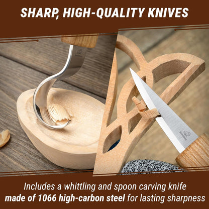 Wood Spoon Carving Kit for Beginners DIY04 - Whittling Set Includes Spoon Carving Tools, Sloyd Whittling Knife Hook Knife, Basswood Blank - Woodworking Hobby Kit for Adults & Kids