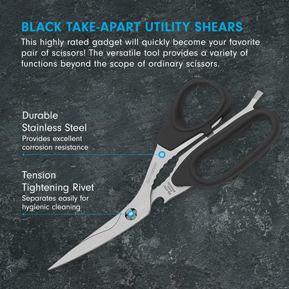 8.5-Inch Take-Apart Utility Shears, Black - Includes Screwdriver, Nut Cracker, Jar Lid Opener/Gripper, Bottle Opener & Bone + Twig Cutter - Suitable for Right-Handed Users