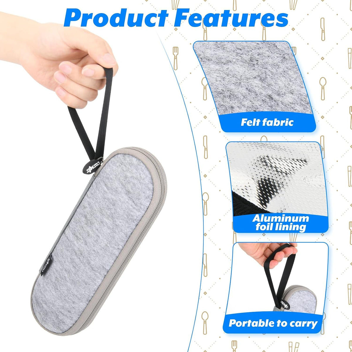 Cosmos Portable Travel Felt Tableware Carrying Storage Case Zipper Bag for Cutlery Kit Flatware Chopsticks Spoon Fork in Camping Travel Picnic Office