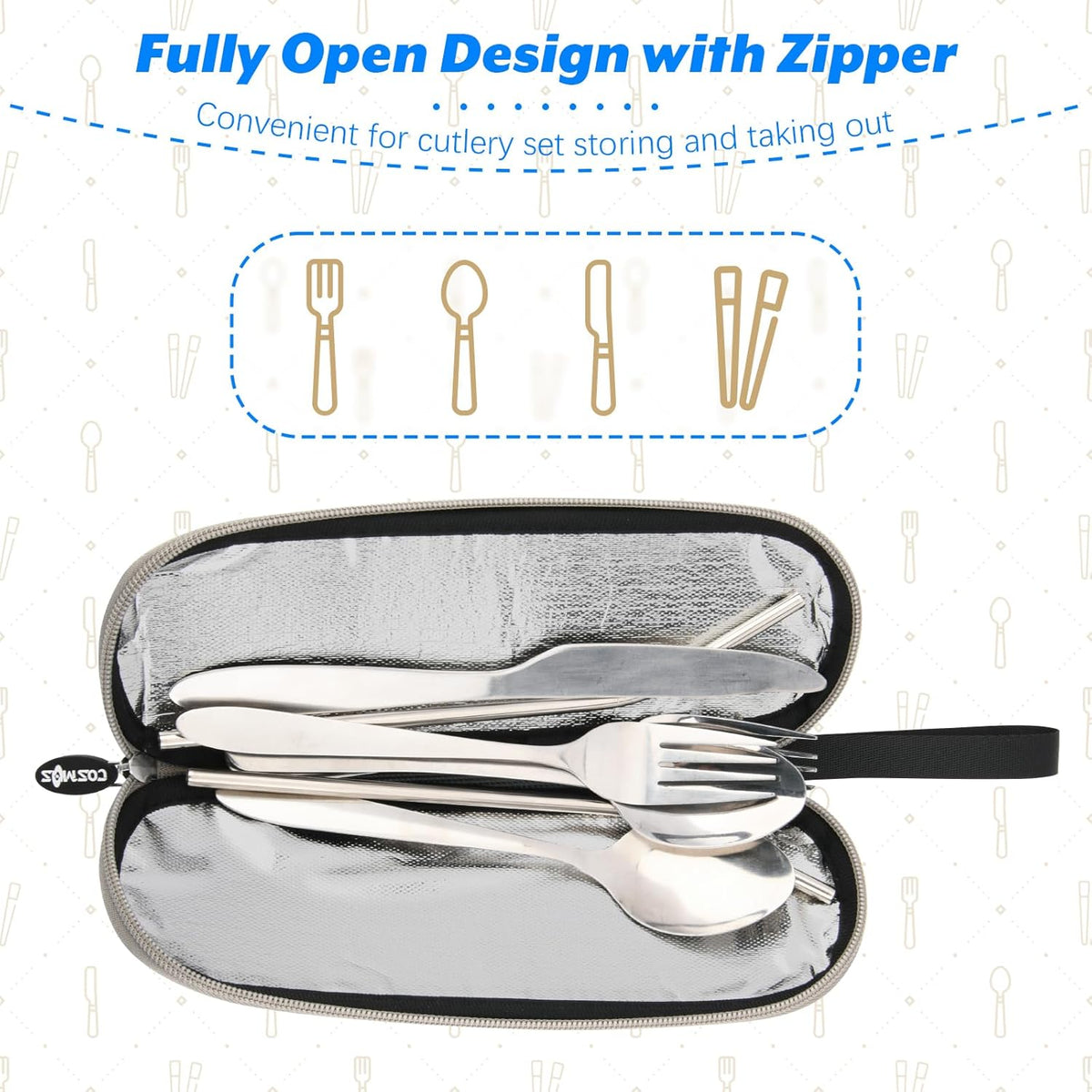 Cosmos Portable Travel Felt Tableware Carrying Storage Case Zipper Bag for Cutlery Kit Flatware Chopsticks Spoon Fork in Camping Travel Picnic Office