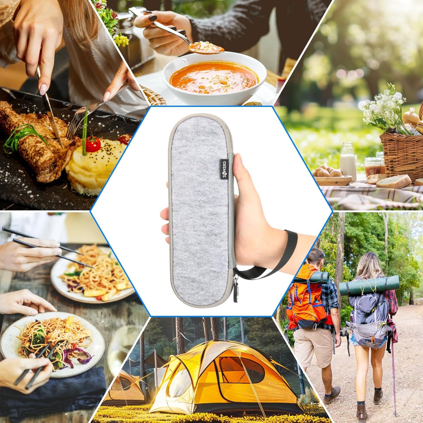 Cosmos Portable Travel Felt Tableware Carrying Storage Case Zipper Bag for Cutlery Kit Flatware Chopsticks Spoon Fork in Camping Travel Picnic Office