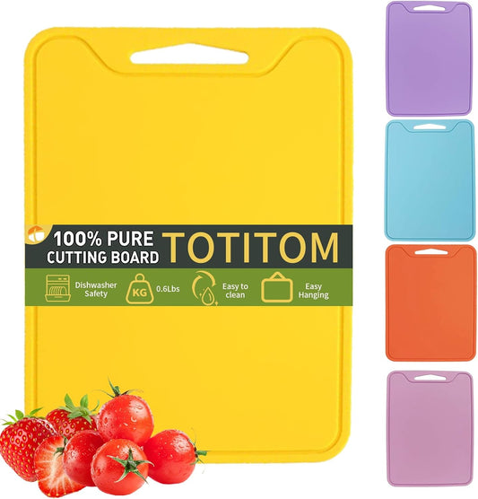 Flexible Plastic Cutting Boards for Kitchen, 11.8''x 8.6'' Silicone Cutting Board, BPA Free Non Slip Kitchen Cutting Mat for Meat, Vegetables and Fruit with Easy Grip Handle, Dishwasher Safe (Yellow)