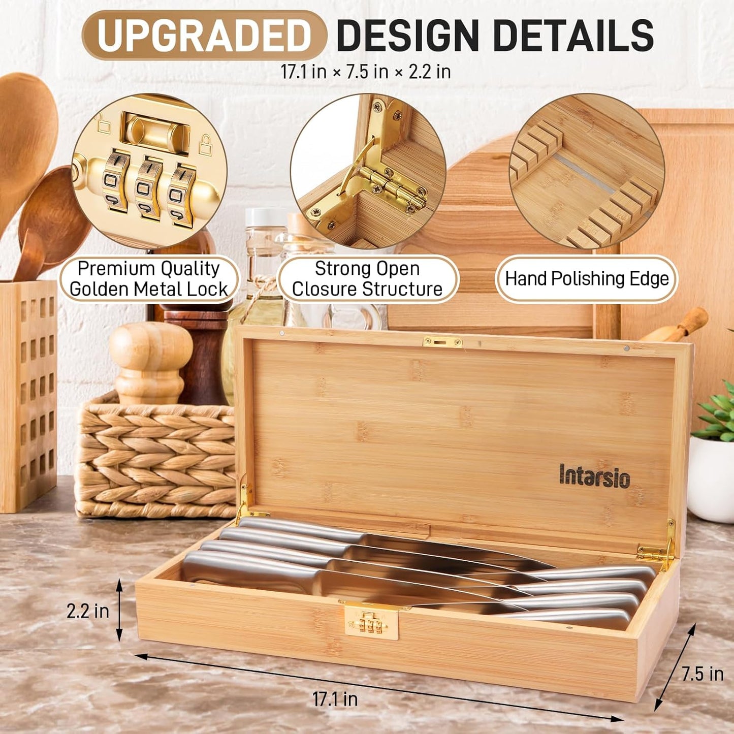 Upgraded Lockable Large Bamboo Knife Storage Box with Magnetic Removable Knife Blocks for Easy, Quick and Safe Culinary Tools Storage, Keyless Kitchen Combination Lock Box, Great Kitchen Gifts