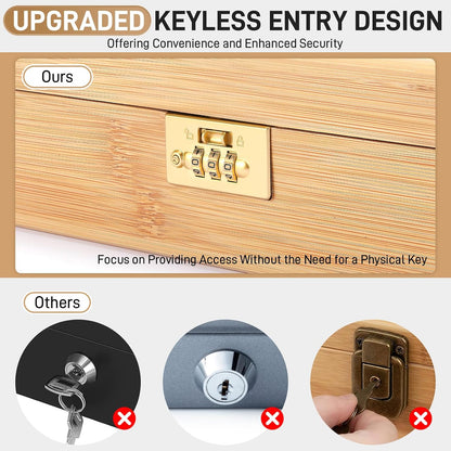 Upgraded Lockable Large Bamboo Knife Storage Box with Magnetic Removable Knife Blocks for Easy, Quick and Safe Culinary Tools Storage, Keyless Kitchen Combination Lock Box, Great Kitchen Gifts