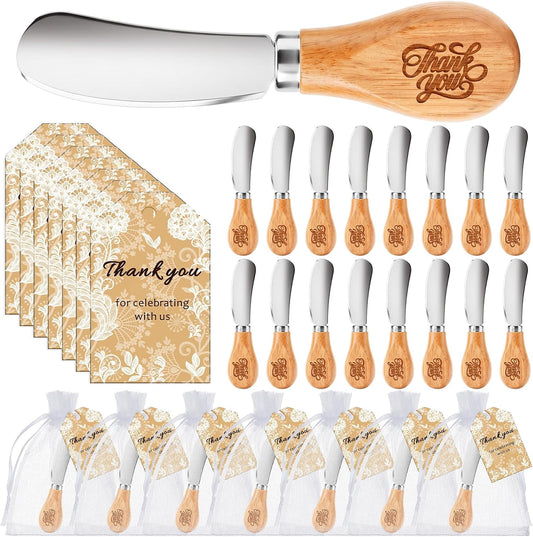 50 Sets Bridal Shower Thank You Gifts Wedding Favors for Guest Bulk Stainless Steel Butter Spreader Knife Wooden Handle with Organza Bags and Thank You Tag Guest Gift for Wedding Party Favor