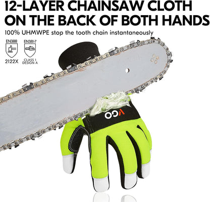 ... Chainsaw Gloves, 12-Layer Chainsaw Protection on Both Hand Back, leather Work Gloves, Mechanic Gloves