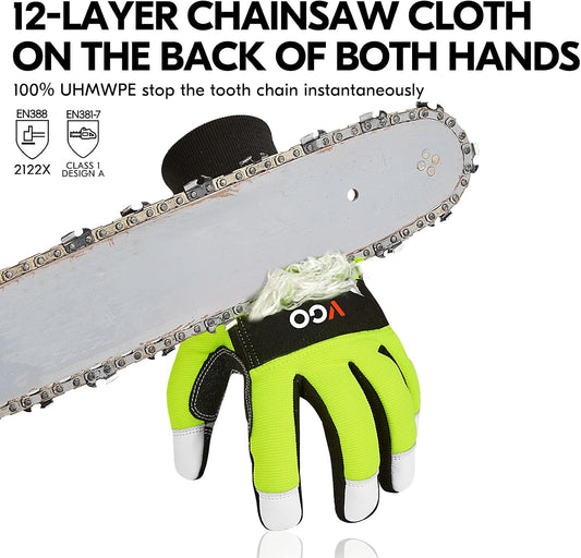 ... Chainsaw Gloves, 12-Layer Chainsaw Protection on Both Hand Back, leather Work Gloves, Mechanic Gloves