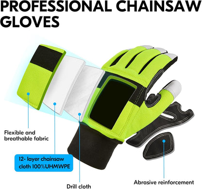 ... Chainsaw Gloves, 12-Layer Chainsaw Protection on Both Hand Back, leather Work Gloves, Mechanic Gloves