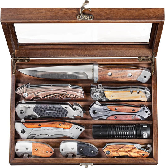 Wooden Knife Display Case, Pocket Knife Organizer for Men's Collection & EDC Gear (Walnut, 1 Pack)