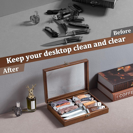 Wooden Knife Display Case, Pocket Knife Organizer for Men's Collection & EDC Gear (Walnut, 1 Pack)