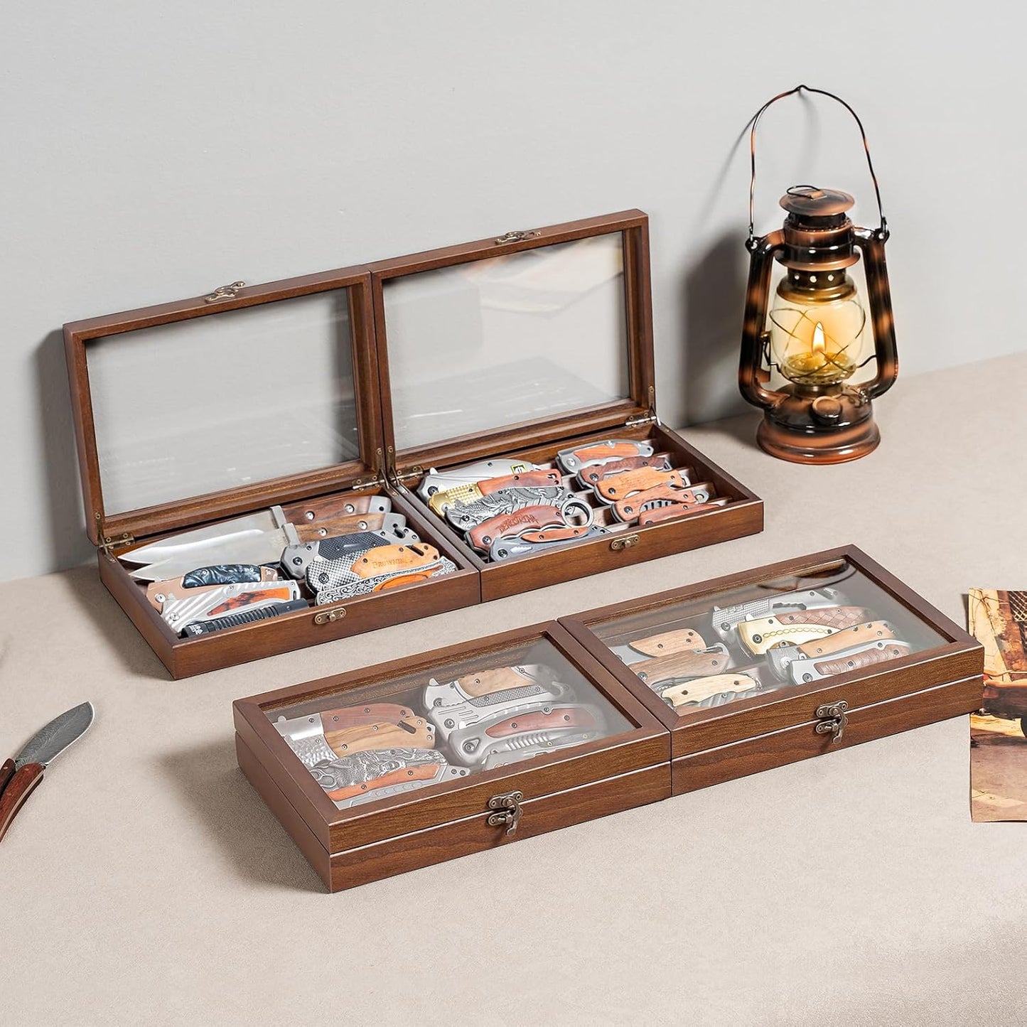 Wooden Knife Display Case, Pocket Knife Organizer for Men's Collection & EDC Gear (Walnut, 1 Pack)