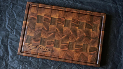 Personalized End Grain Walnut Cutting Board, Handcrafted Wood Kitchen Chopping Block (13x8x2 Inches)