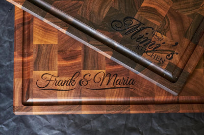 Personalized End Grain Walnut Cutting Board, Handcrafted Wood Kitchen Chopping Block (13x8x2 Inches)