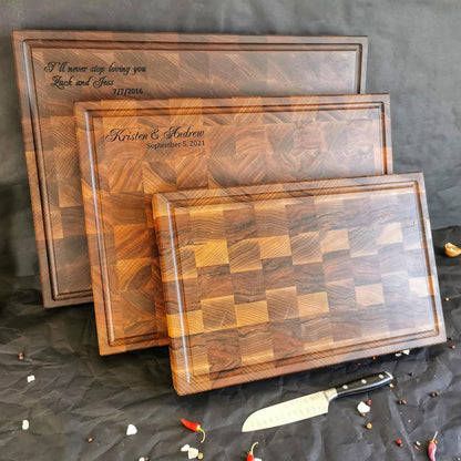Personalized End Grain Walnut Cutting Board, Handcrafted Wood Kitchen Chopping Block (13x8x2 Inches)