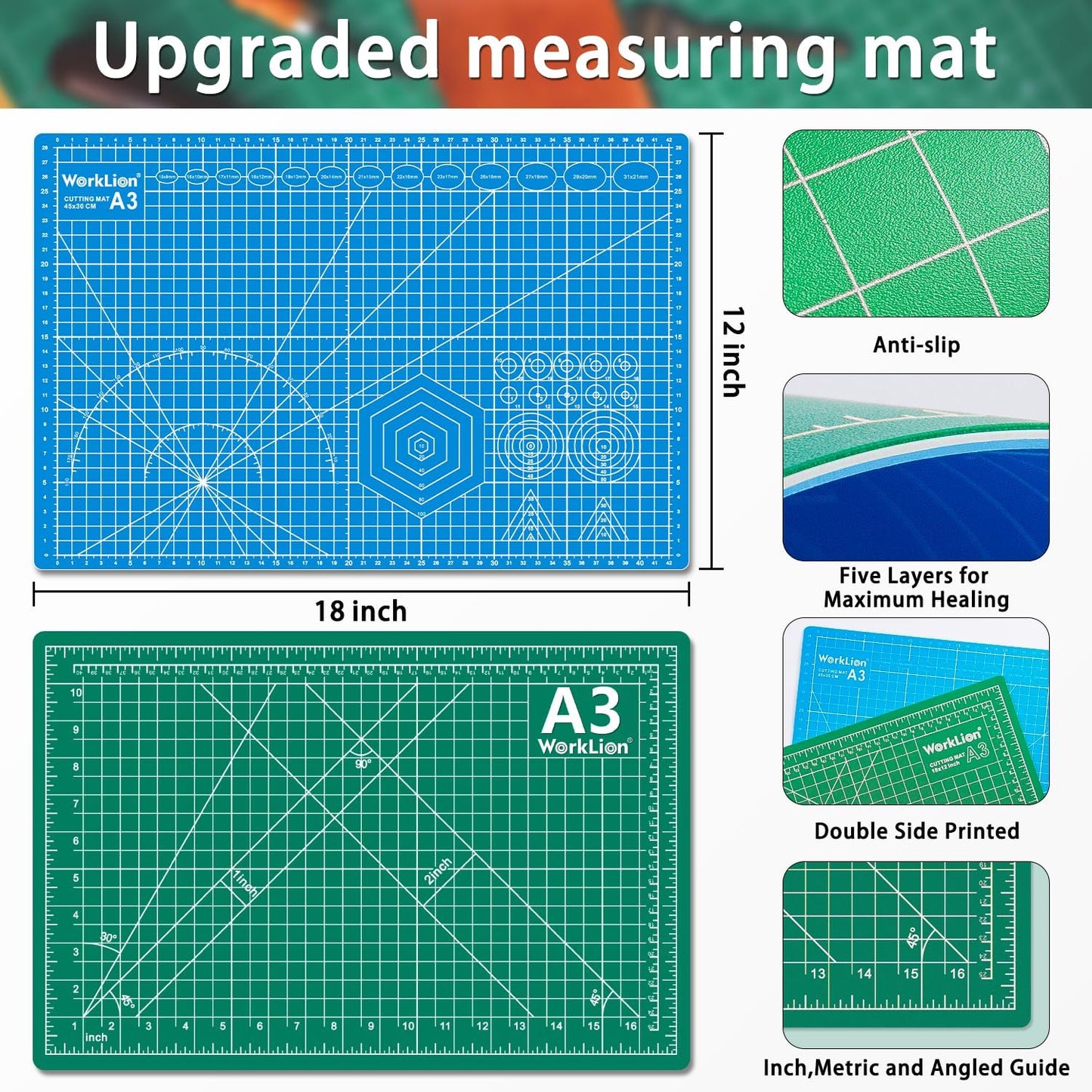 12" x 18" Art Self Healing PVC Cutting Mat, Double Sided, Gridded Rotary Cutting Board for Craft, Fabric, Quilting, Sewing, Scrapbooking Project……