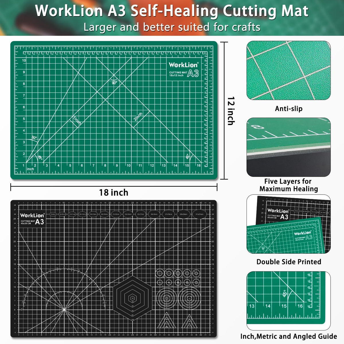 12" x 18" Art Self Healing PVC Cutting Mat, Double Sided, Gridded Rotary Cutting Board for Craft, Fabric, Quilting, Sewing, Scrapbooking Project……
