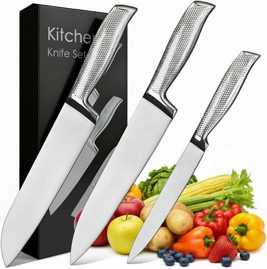 3-Piece Chef Knife Set, High-Carbon Stainless Steel, Full Tang | 8" Chef, 7" Santoku, 5" Utility, razor-sharp 5Cr15MoV Stainless Steel, non-slip handle, gift-ready for home kitchen & chefs